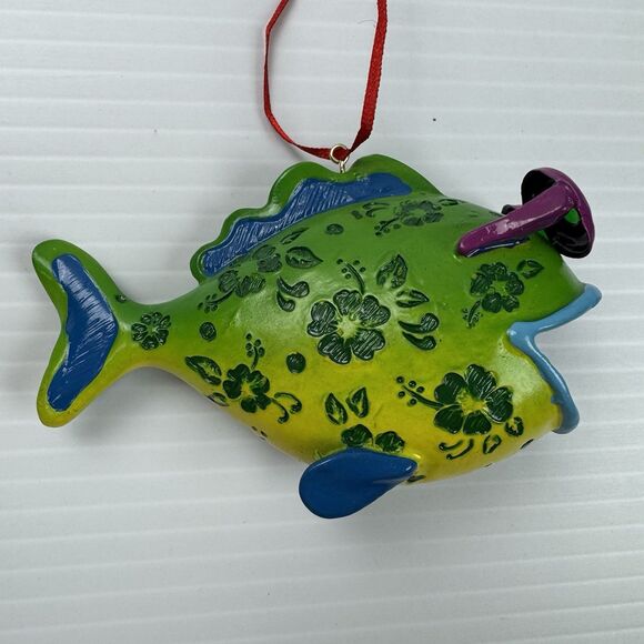 Fish in Sunglasses Christmas Ornament Tropical Beach Fun Glazed Hibiscus - Picture 4 of 9